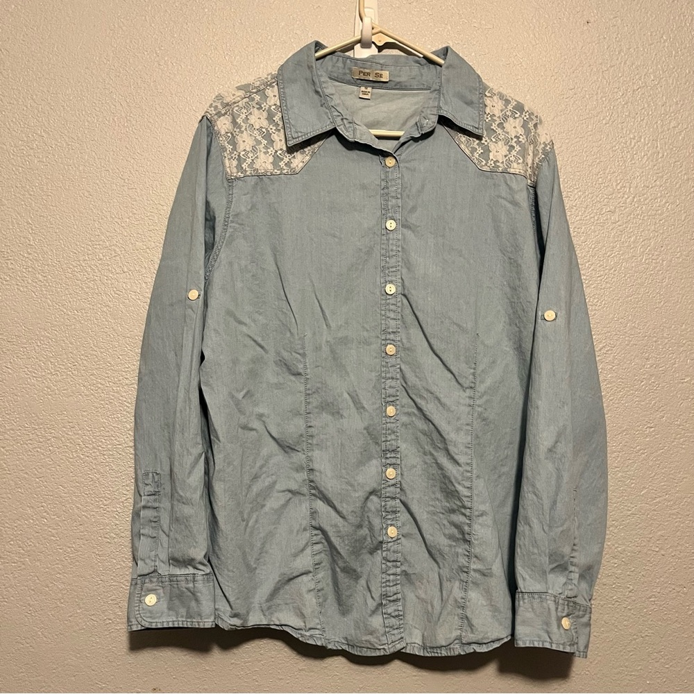 PER SE Long Sleeve Chambray Roll Tab Button Up Shirt W/Floral Lace Trim Size 1X